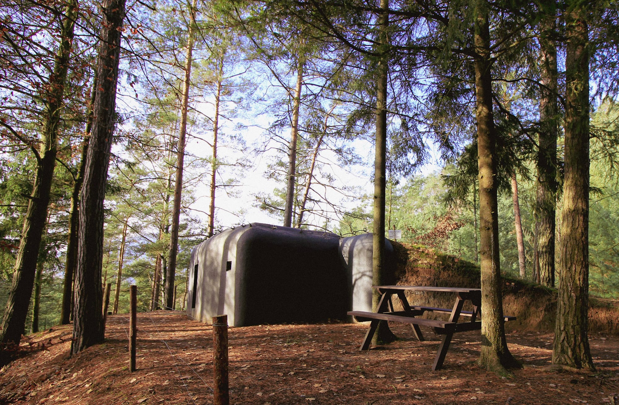 Ein Betonbunker in einem Wald, davor eine Bank für Wanderer.